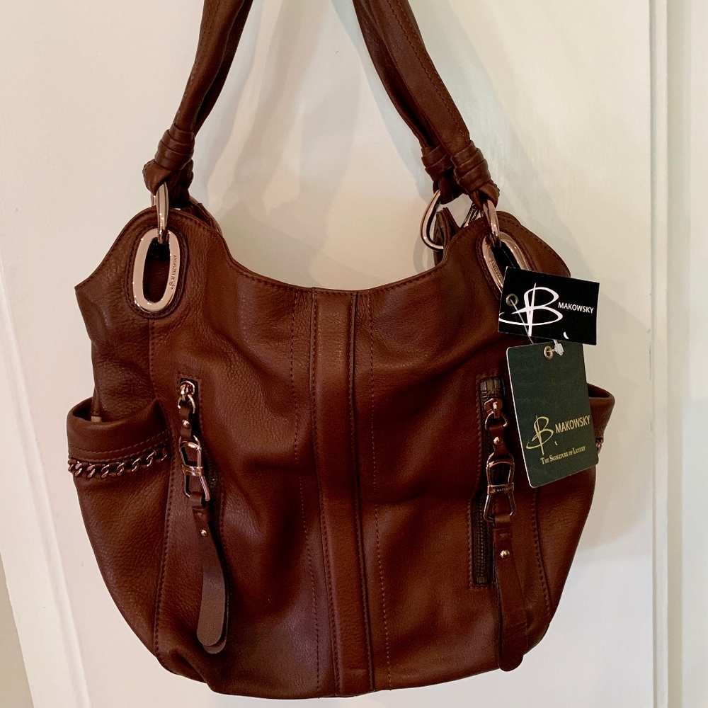 b. makowsky Rose Gold & Leather Shoulder Bag NWT